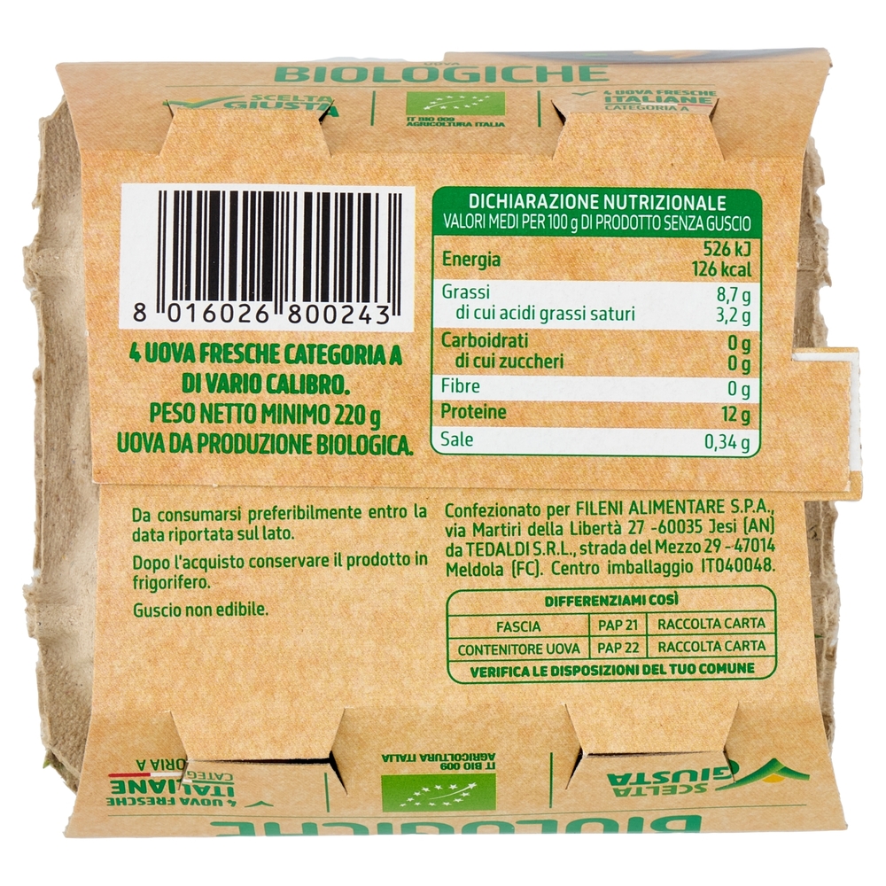 Fileni 4 Uova Fresche Italiane Biologiche 230 g